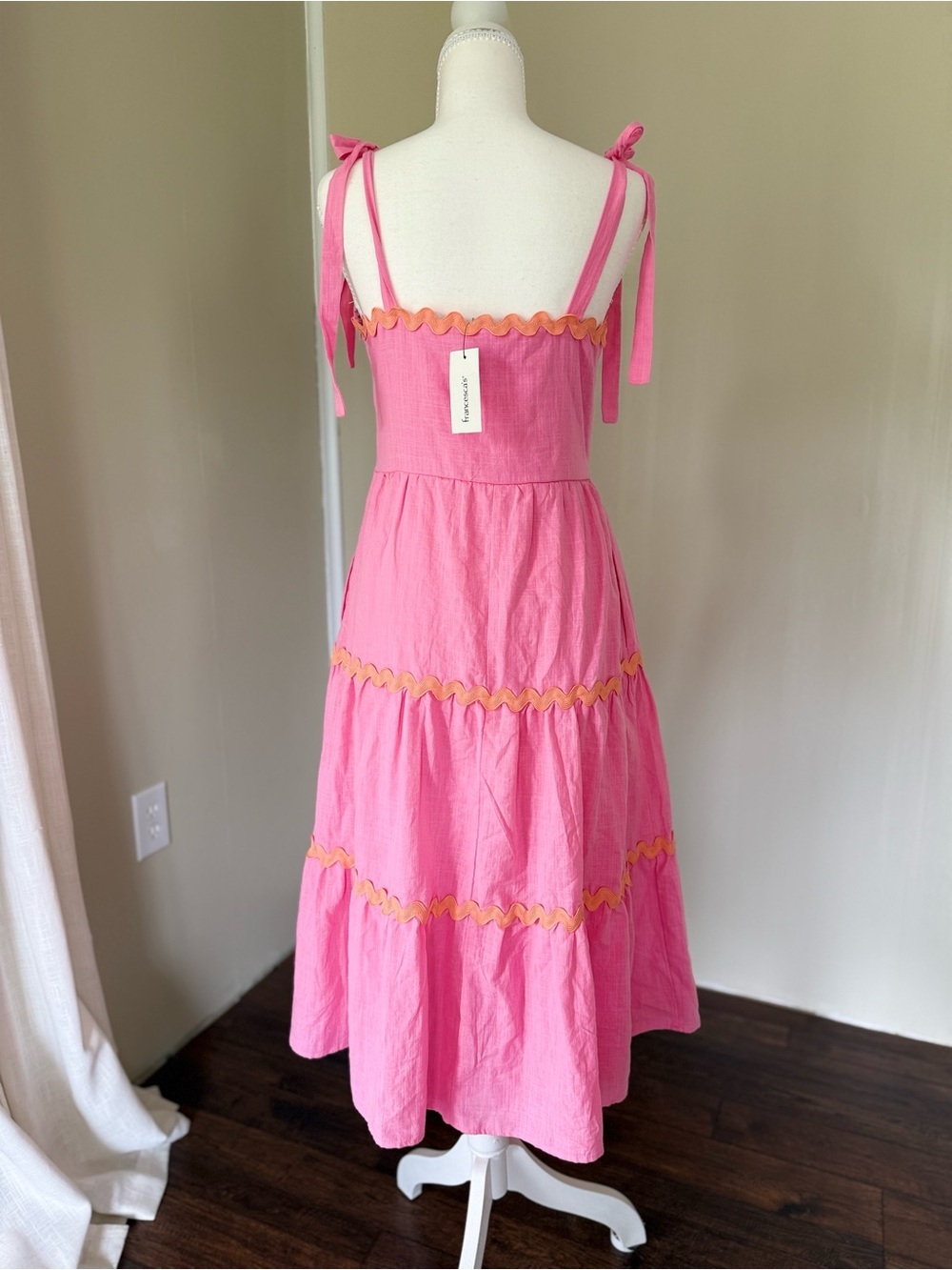 NEW Francesca's Midi Dress Pink Tiered Bow Tie-Shoulder Dress Orange Trim S - Picture 6 of 7